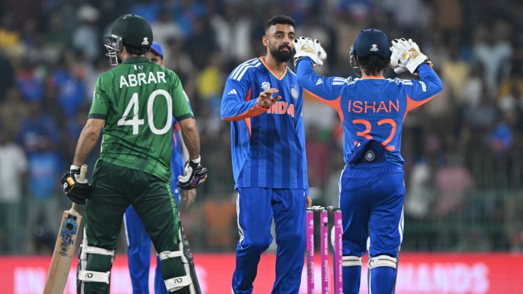 Varun Chakravarthy celebrates the wicket of Abrar Ahmed (LBW)